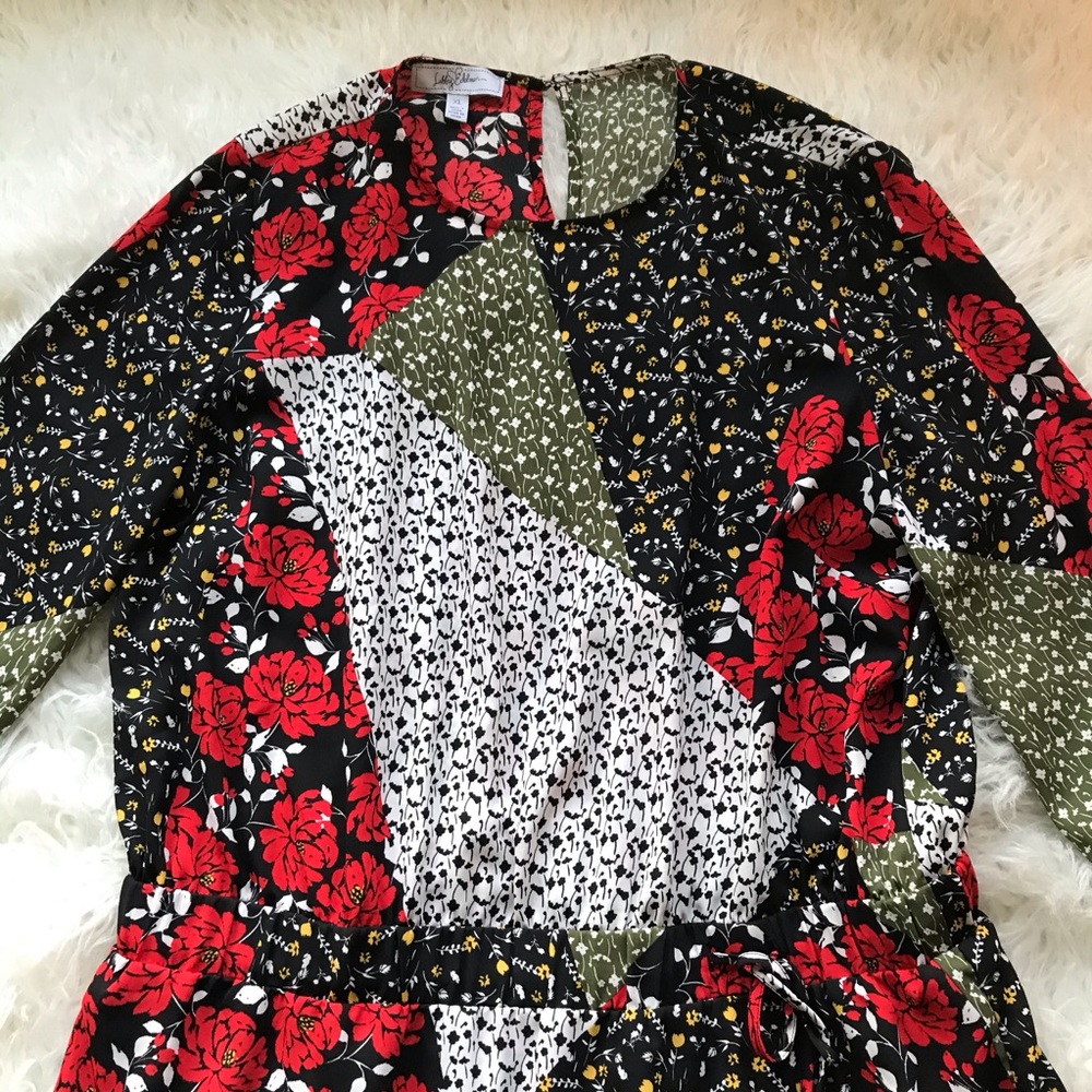 Libby Edelman Floral Patchwork Dress Red Black Wht - Picture 3 of 7